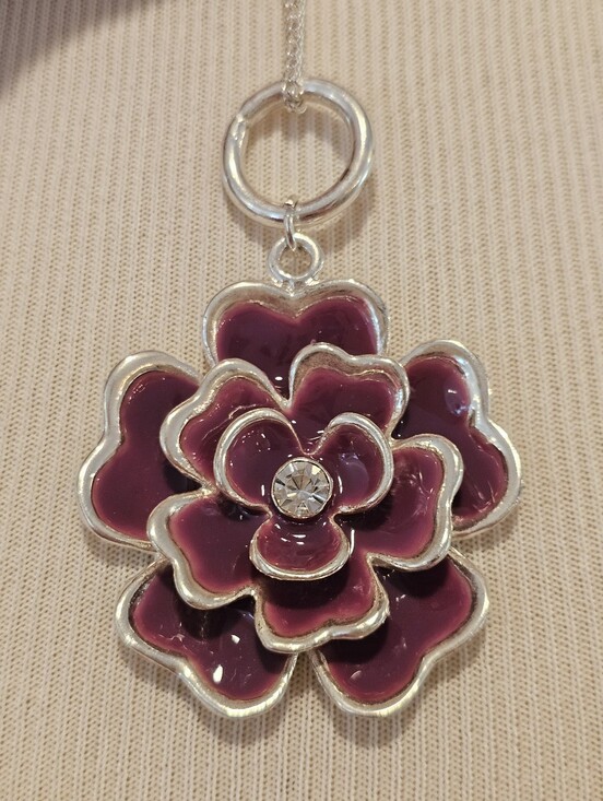 None Jewelry - Silvertone And Purple Enamel Flower Pendant Necklace w/ Crystal Accent